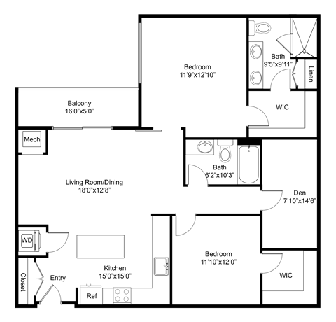 Floor plan for 2 beds, 2 baths, 1313 sqft